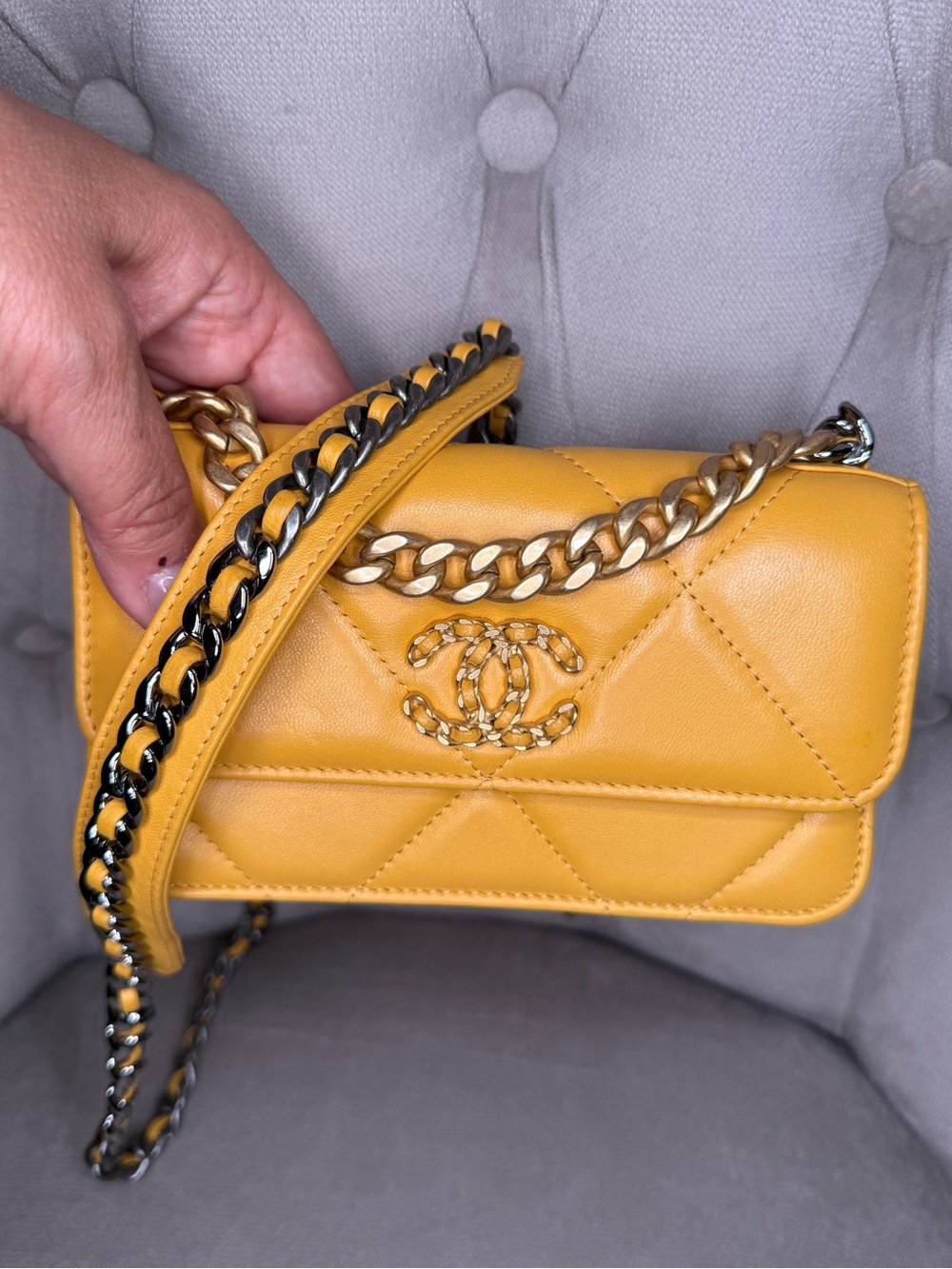Chanel 19 Quilted Lambskin Mini Clutch Bag Mustard Yellow